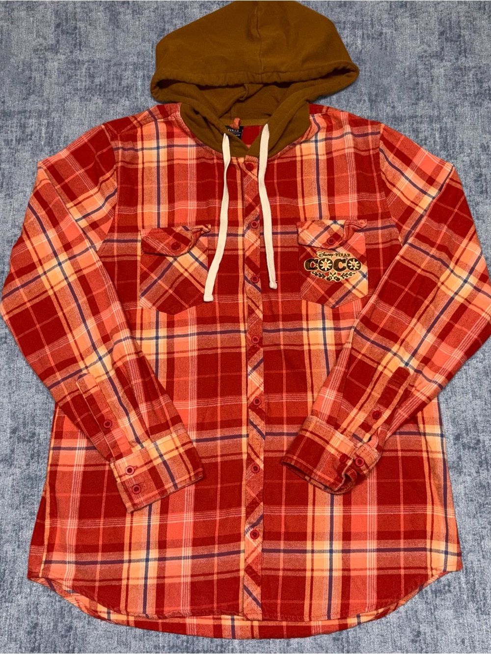 Our Universe Coco Miguel Shirt Mens Medium Red Plaid Hooded Flannel Button Up